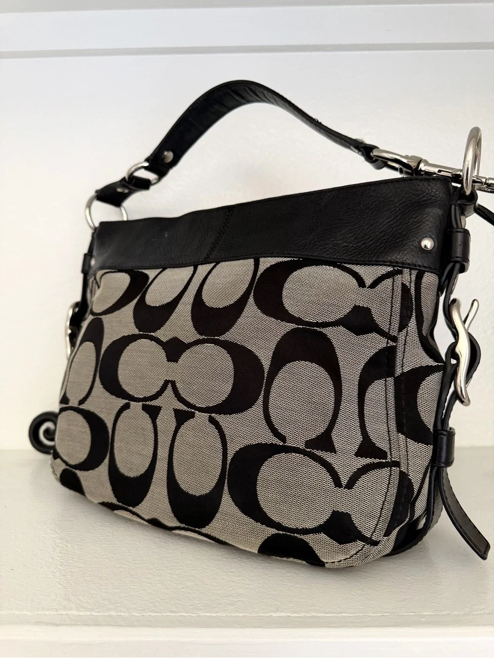 COACH Authentic F12657 Zoe Medium Hobo bag purse Grey Jacquard Black Leather